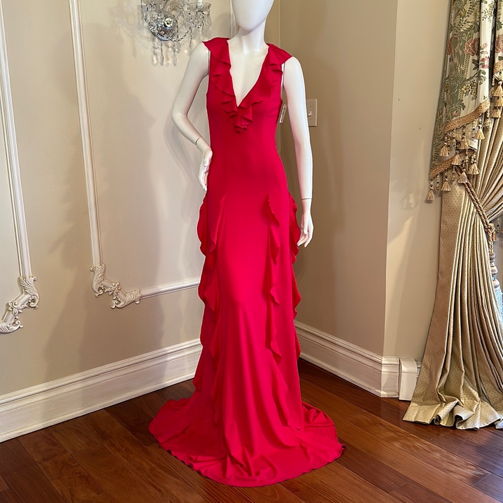 2016 GUCCI PINK RUFFLE STRETCH EVENING VISCOSE GOWN DRESS SIZE S